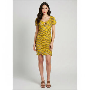 2/$30 Madden NYC Clueless 90’s Yellow Plaid Puff Sleeve Ruched Mini Dress Large
